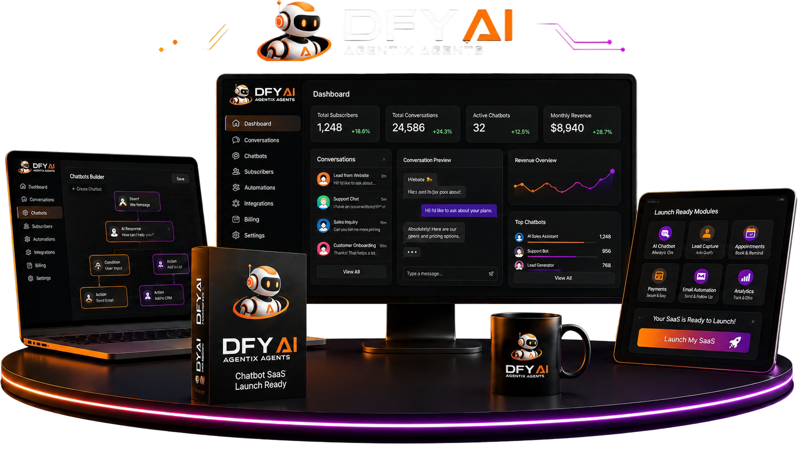 Agentix DFY AI Business product mockup showing the chatbot builder SaaS dashboard